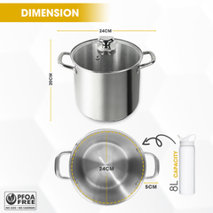 Homatz8L Stainless Steel Pot with Glass Lid 24cm