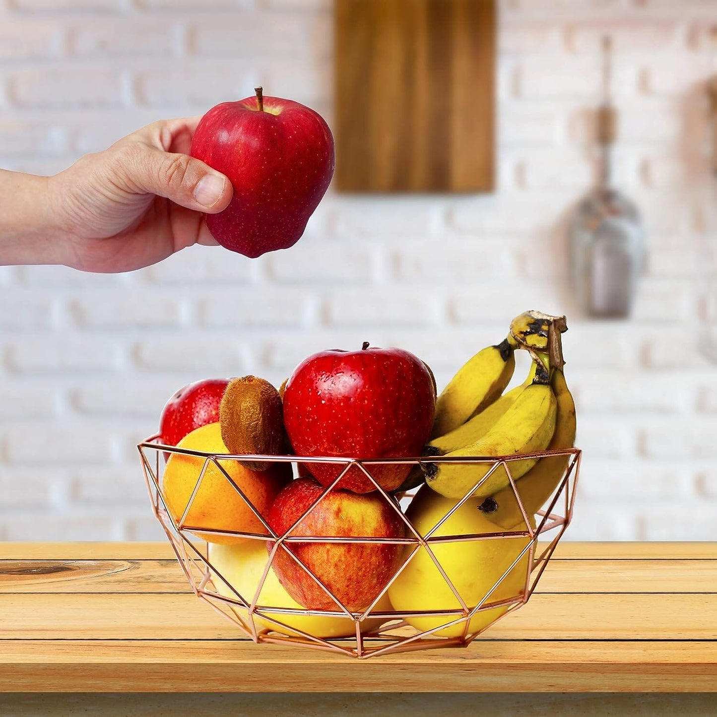 Copper Fruit Bowl - Metal Wire Fruit Basket for Kitchen Countertop – Fruits and Vegetables Holder | Geometric Design Pentagon Base Fruit Bowl Homatz 