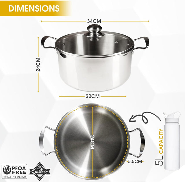 Induction Stock Pot 24cm, 5L Stainless Steel Pot with Glass Lid | Non-Stick Large Cooking Pot Homatz 