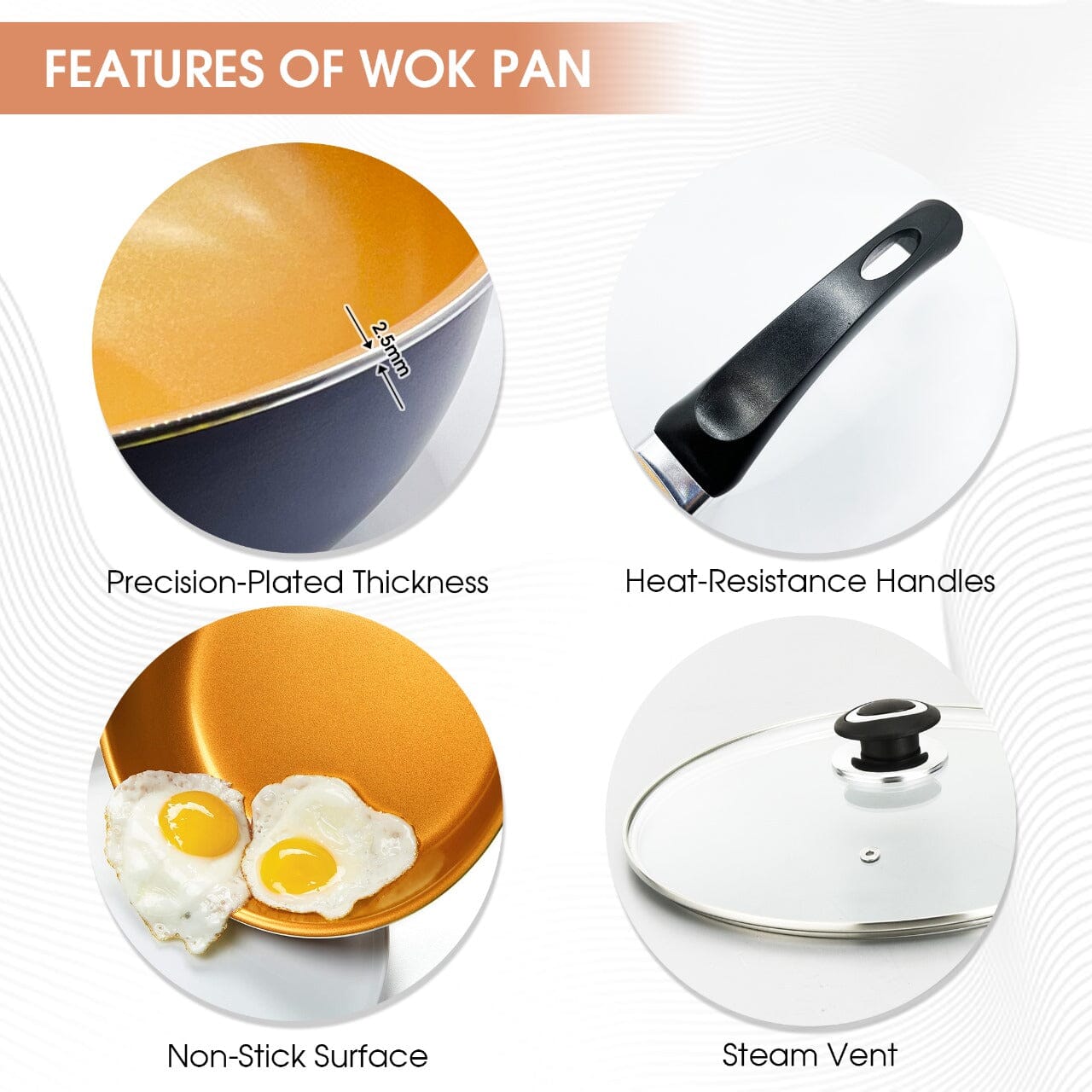 Induction Wok Pan, 30cm Non Stick Ceramic Coating, Tempered Glass Lid Heat Resistant Handles Homatz 